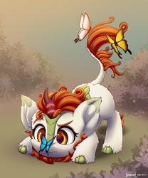 Size: 2000x2400 | Tagged: safe, artist:symbianl, derpibooru import, autumn blaze, butterfly, kirin, :3, awwtumn blaze, big ears, butterfly on nose, cute, cute little fangs, ears, fangs, female, filly, insect on nose, solo, younger