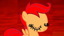 Size: 960x540 | Tagged: safe, derpibooru import, scootaloo, pegasus, pony, .exe, 1000 hours in ms paint, creepypasta, female, filly, recolor, red background, sally.exe, simple background, smiling, stitched eyes, stitches