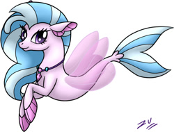 Size: 571x433 | Tagged: safe, artist:natura-aranza, derpibooru import, silverstream, seapony (g4), blue mane, blue tail, clothes, female, fin wings, fins, fish tail, flowing mane, flowing tail, jewelry, looking at you, necklace, purple eyes, seapony silverstream, see-through, signature, simple background, smiling, solo, speedpaint, tail, white background, wings