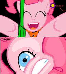 Size: 1278x1430 | Tagged: safe, derpibooru import, pinkie pie, crash, eyes closed, flower, flower in hair, fourth wall, george of the jungle, gritted teeth, implied zalgo pagie, jungle, jungle girl, jungle pony, leopard print, looking at you, onomatopoeia, ouch, reference used, smiling, swinging, tarzan, vine