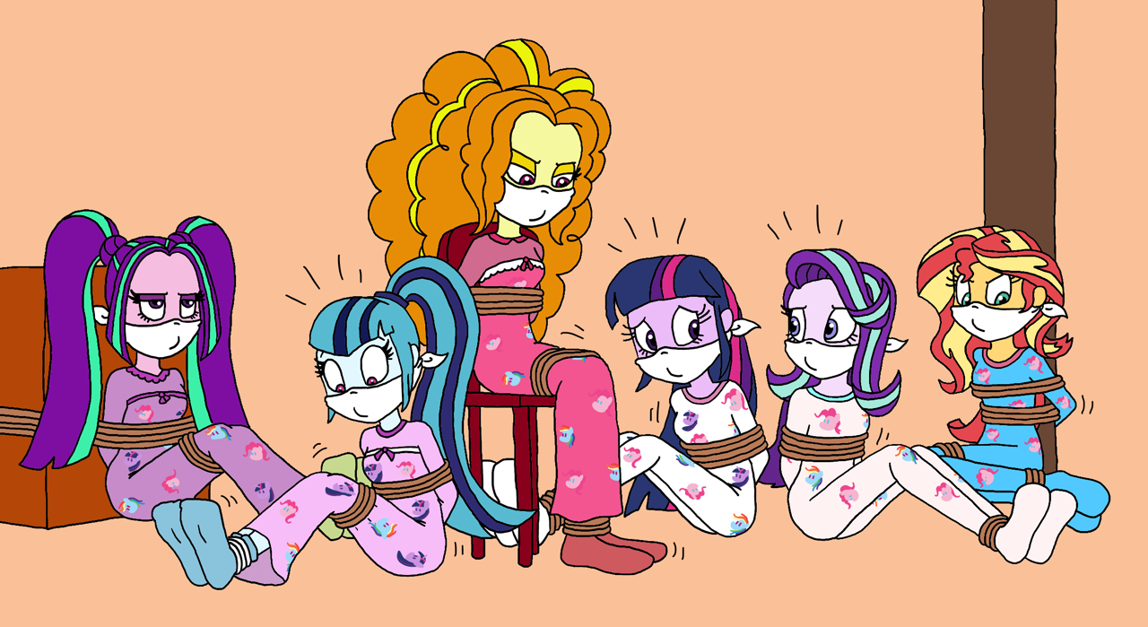 2790565 - safe, artist:bugssonicx, derpibooru import, adagio dazzle, aria  blaze, sonata dusk, starlight glimmer, sunset shimmer, twilight sparkle,  equestria girls, bondage, bound and gagged, cloth gag, clothes, footed  sleeper, gag, nightgown, pajamas,