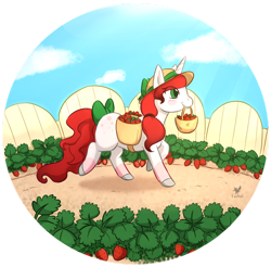 Size: 1024x1008 | Tagged: safe, artist:foxhatart, derpibooru import, oc, oc:strawberry jam, pony, unicorn, basket, bow, female, food, hat, mare, mouth hold, solo, strawberry, tail bow