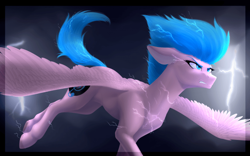 Size: 700x436 | Tagged: safe, artist:pheshka, derpibooru import, oc, oc:electric television, pegasus, pony, angry, electricity, flying, realistic horse legs, solo, spread wings, storm, wings