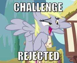 Size: 433x357 | Tagged: safe, derpibooru import, derpy hooves, slice of life (episode), caption, challenge accepted, image macro, subverted meme, text