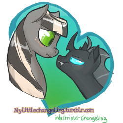 Size: 563x563 | Tagged: safe, artist:dinkelion, derpibooru import, oc, oc only, oc:doppel, oc:gloomy (ic), changeling, earth pony, pony, blushing, duo, heart