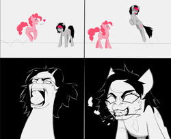 Size: 1064x866 | Tagged: safe, artist:owlnon, derpibooru import, pinkie pie, oc, oc:miss eri, earth pony, pony, angry, biting, blood, comic, cute, diapinkes, ears, edgy, eyes closed, fangs, female, floppy ears, frown, glare, glowing eyes, gritted teeth, heart, jumping, mare, mouth hold, open mouth, pronking, sharp teeth, simple background, smiling, teeth, white background