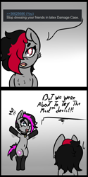 Size: 1000x2000 | Tagged: safe, artist:lazerblues, derpibooru import, oc, oc only, oc:damage case, oc:miss eri, earth pony, pony, bipedal, collar, comic, dialogue, gray background, latex, looking at each other, simple background