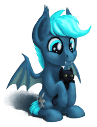 Size: 1213x1600 | Tagged: safe, artist:sa1ntmax, derpibooru import, oc, oc:guttatus, bat pony, cat, bat pony oc, black cat, cute, holding, male, sitting, wings