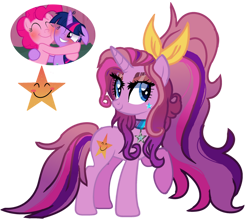 Size: 1280x1124 | Tagged: safe, artist:venomous-cookietwt, derpibooru import, edit, edited screencap, screencap, pinkie pie, twilight sparkle, oc, pony, unicorn, blushing, female, lesbian, magical lesbian spawn, mare, offspring, parent:pinkie pie, parent:twilight sparkle, parents:twinkie, screencap reference, shipping, simple background, transparent background, twinkie