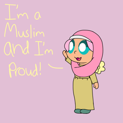 Size: 1536x1536 | Tagged: safe, artist:colorcodetheartist, derpibooru exclusive, derpibooru import, fluttershy, human, :3, chibi, colored sketch, cute, daaaaaaaaaaaw, description is relevant, dialogue, female, humanized, islam, islamashy, mouthpiece, open mouth, religion, shyabetes, simple background, solo, winged humanization, wings