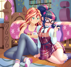 Size: 1920x1818 | Tagged: safe, artist:dstears, derpibooru import, sci-twi, sunset shimmer, twilight sparkle, equestria girls, bedroom, blushing, cellphone, clothes, crystal prep academy uniform, earbuds, headphones, human coloration, implied lesbian, implied shipping, missing shoes, phone, school uniform, sleeveless, smartphone, socks, stocking feet, tanktop