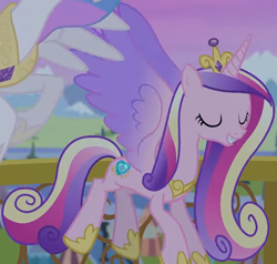 Size: 1348x1281 | Tagged: safe, derpibooru import, screencap, princess cadance, princess celestia, alicorn, pony, twilight's kingdom, cropped, female, flying, solo focus, you'll play your part