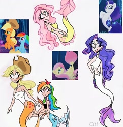 Size: 2472x2552 | Tagged: safe, artist:citi, derpibooru import, screencap, applejack, fluttershy, rainbow dash, rarity, human, mermaid, seapony (g4), my little pony: the movie, applejack's hat, clothes, cowboy hat, cutie mark, freckles, hat, humanized, mermaidized, mermarity, scene interpretation, screencap reference, seaponified, seapony applejack, seapony fluttershy, seapony rainbow dash, seapony rarity, species swap