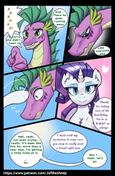 Size: 1953x3000 | Tagged: safe, artist:jafsheep, derpibooru import, rarity, spike, dragon, unicorn, comic:reunion, comic, cute, dialogue, female, funny, male, older, older spike, shipping, sparity, straight