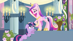 Size: 992x558 | Tagged: safe, derpibooru import, screencap, princess cadance, twilight sparkle, unicorn twilight, alicorn, pony, unicorn, a canterlot wedding, crying, duo, duo female, female, lidded eyes, petting, sad, stairs