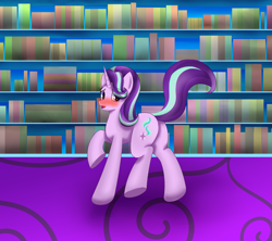 Size: 1800x1600 | Tagged: safe, artist:sane, derpibooru import, starlight glimmer, pony, unicorn, blushing, butt, castle, female, glimmer glutes, library, looking at you, mare, plot, raised leg, shy, solo