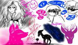 Size: 800x468 | Tagged: safe, artist:amgiwolf, derpibooru import, oc, oc only, oc:amgi, deer, earth pony, human, pony, wolf, antlers, bust, earth pony oc, female, flower, frown, heart, humanized, looking back, male, mare, no, pictogram, smiling, smirk, stallion, sunglasses