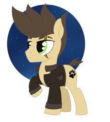 Size: 1508x1658 | Tagged: safe, artist:dyonys, derpibooru import, oc, oc:night chaser, earth pony, chibi, clothes, jacket, male, night, night sky, raised hoof, raised leg, scar, simple background, sky, stallion, transparent background