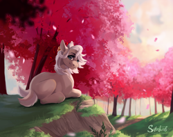 Size: 1900x1500 | Tagged: safe, artist:silentwulv, derpibooru import, oc, oc:clay, earth pony, pony, cherry blossoms, female, flower, flower blossom, lying down, mare, prone, solo, tree