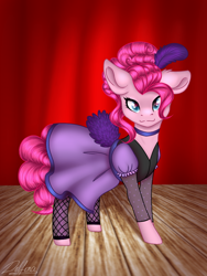 Size: 768x1024 | Tagged: safe, artist:delfinaluther, derpibooru import, pinkie pie, earth pony, pony, over a barrel, clothes, dress, female, mare, pinkie pie in dress, saloon dress, saloon pinkie, solo, song, stage