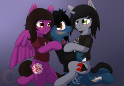 Size: 3868x2698 | Tagged: safe, artist:avery-valentine, artist:nekoremilia1, derpibooru import, earth pony, pegasus, pony, undead, unicorn, zombie, zombie pony, anatomically incorrect, bags under eyes, blood, blushing, bone, bring me the horizon, clothes, colored blushing, commission, drop dead clothing, fangs, gay, holding, horn, incorrect leg anatomy, jewelry, kellin quinn, lip piercing, looking back, male, necklace, nose piercing, oliver sykes, pierce the veil, piercing, ponified, rainbow blood, scar, shipping, shirt, sitting on lap, sleeping with sirens, spread wings, stallion, stitches, t-shirt, tattoo, torn ear, trio, vic fuentes, wings, ych result