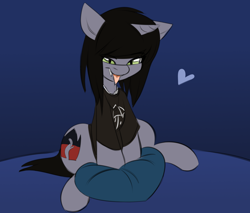 Size: 2000x1700 | Tagged: safe, artist:madragon, derpibooru import, pony, unicorn, clothes, commission, disguise, disguised siren, fangs, heart, horn, jewelry, kellin quinn, lidded eyes, male, necklace, pillow, ponified, shirt, sitting, slit eyes, solo, stallion, t-shirt, tongue out, ych result