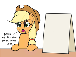 Size: 1176x888 | Tagged: safe, derpibooru import, applejack, earth pony, pony, angry, applejack's hat, applejack's sign, bill o'reilly, blonde mane, clothes, dialogue, female, freckles, green eyes, hat, mare, open mouth, orange coat, sign, solo