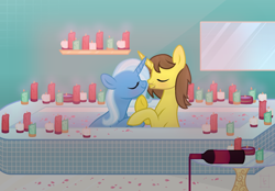 Size: 1920x1337 | Tagged: safe, artist:grapefruitface1, derpibooru import, trixie, oc, oc:grapefruit face, alcohol, base used, bath, bathroom, blushing, boop, candle, canon x oc, champagne, eyes closed, female, grapexie, hoof on chin, male, noseboop, romantic, shipping, straight, wine