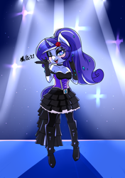 Size: 1200x1700 | Tagged: safe, artist:melliedraws, derpibooru import, rarity, anthro, unicorn, black dress, boots, clothes, devil horn (gesture), dress, female, gothic lolita, looking at you, mare, microphone, one eye closed, solo, wink