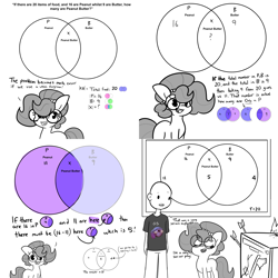 Size: 6000x6000 | Tagged: safe, artist:tjpones, derpibooru import, oc, oc only, oc:brownie bun, oc:richard, earth pony, human, pony, horse wife, arrow, axe, comic, dishwasher, duo, fire, glasses, grayscale, math, monochrome, partial color, simple background, venn diagram, weapon, white background