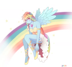 Size: 1704x1581 | Tagged: safe, artist:aaa-its-spook, derpibooru import, rainbow dash, human, equestria girls, clothes, cute, cutie mark on human, dashabetes, dress, gala dress, legs, looking at you, rainbow, simple background, solo, white background, winged humanization, wings