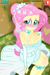 Size: 537x800 | Tagged: safe, artist:uzzi-ponydubberx, derpibooru import, fluttershy, equestria girls, adorasexy, alternate hairstyle, big breasts, blushing, breasts, bride, clothes, cute, dress, female, fingerless gloves, gloves, hootershy, logo, long gloves, looking at you, patreon, patreon logo, sexy, shyabetes, sitting, smiling, solo, text, wedding dress