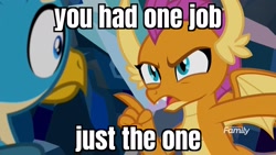 Size: 1920x1080 | Tagged: safe, derpibooru import, edit, edited screencap, screencap, gallus, smolder, dragon, griffon, what lies beneath, angry, caption, discovery family logo, dragoness, duo, female, image macro, loki, male, narrowed eyes, nightmare cave, pointing, reaction image, scared, text, thor ragnarok, wide eyes, you had one job
