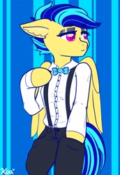 Size: 2179x3170 | Tagged: safe, artist:koa, derpibooru import, oc, oc only, oc:koa, pegasus, pony, bowtie, clothes, solo, suspenders