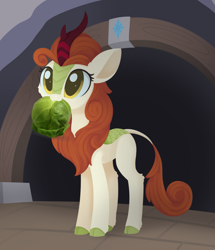 Size: 1167x1356 | Tagged: safe, artist:dusthiel, derpibooru import, edit, autumn blaze, kirin, :3, awwtumn blaze, brussel sprouts, cheek fluff, cute, female, hoof fluff, leg fluff, looking up, mine, mouth hold, nom, smiling, solo