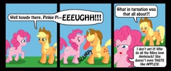 Size: 1200x500 | Tagged: dead source, safe, artist:atlur, ponerpics import, applejack, pinkie pie, earth pony, pony, applepie, comic, deleted from derpibooru, face licking, female, lesbian, licking, mare, photoshop, shipping