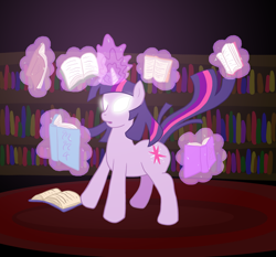 Size: 900x838 | Tagged: dead source, safe, artist:atlur, ponerpics import, twilight sparkle, unicorn twilight, pony, unicorn, book, bookshelf, deleted from derpibooru, female, glowing eyes, glowing horn, horn, library, magic, mare, newbie artist training grounds, photoshop, solo, telekinesis