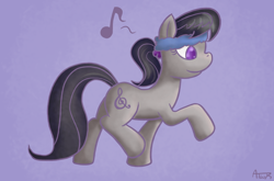 Size: 800x528 | Tagged: dead source, safe, artist:atlur, ponerpics import, octavia melody, earth pony, pony, colored pupils, deleted from derpibooru, exercise, female, happy, headband, mare, music, music notes, photoshop, purple background, simple background, solo