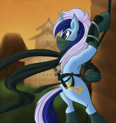 Size: 850x901 | Tagged: dead source, safe, artist:atlur, ponerpics import, minuette, pony, unicorn, bipedal, deleted from derpibooru, female, mare, mountain, ninja, rope, solo, sword, weapon