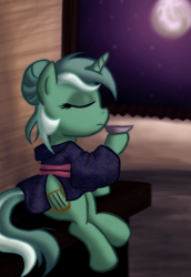 Size: 550x800 | Tagged: dead source, safe, artist:atlur, ponerpics import, lyra heartstrings, pony, unicorn, alternate hairstyle, bun hairstyle, deleted from derpibooru, eyes closed, female, kimono (clothing), mare, moon, night, sitting, solo