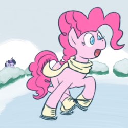 Size: 2000x2000 | Tagged: dead source, safe, artist:atlur, ponerpics import, pinkie pie, twilight sparkle, earth pony, pony, unicorn, clothes, colored pupils, deleted from derpibooru, female, high res, ice skating, mare, photoshop, scarf, spying