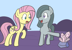 Size: 750x525 | Tagged: dead source, safe, artist:atlur, ponerpics import, fluttershy, marble pie, earth pony, pegasus, pony, deleted from derpibooru, duo, female, gem, hilarious in hindsight, mare, no pupils, rock farm