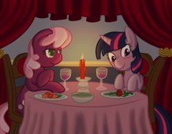Size: 1200x930 | Tagged: dead source, safe, artist:atlur, ponerpics import, cheerilee, twilight sparkle, earth pony, pony, unicorn, blushing, bowl, candle, chair, cheerilight, commission, curtain, date, deleted from derpibooru, dinner, female, flower, food, glass, lesbian, mare, photoshop, plate, romance reports, rose, shipping, sitting, table, table cloth, tablecloth, wine