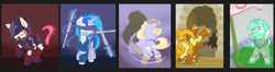 Size: 3384x900 | Tagged: safe, artist:atlur, ponerpics import, carrot top, cloud kicker, dj pon-3, golden harvest, lyra heartstrings, roseluck, vinyl scratch, earth pony, pegasus, pony, unicorn, action pose, armor, blindfold, bucking, cutie mark, deleted from derpibooru, fantasy, fantasy class, female, flail, glowing horn, hooves, horn, levitation, line-up, magic, mare, melee weapon, mouth hold, open mouth, plot, shield, smiling, teeth, telekinesis, weapon, wings