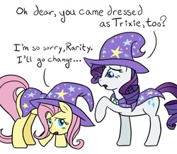 Size: 800x696 | Tagged: safe, artist:atlur, ponerpics import, fluttershy, rarity, pegasus, pony, unicorn, accessory swap, cape, clothes, costume, deleted from derpibooru, hat, the great and powerful, trixie's cape, trixie's hat