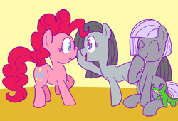 Size: 700x477 | Tagged: safe, artist:atlur, ponerpics import, gummy, limestone pie, marble pie, pinkie pie, earth pony, pony, ask the pie sisters, boop, deleted from derpibooru, pie sisters, sisters, twins