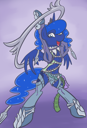 Size: 544x800 | Tagged: safe, artist:atlur, ponerpics import, princess luna, alicorn, pony, costume, crossover, deleted from derpibooru, ponified, solo, soul calibur, tira, weapon