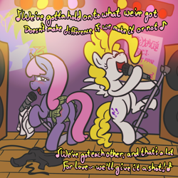 Size: 800x800 | Tagged: safe, artist:atlur, ponerpics import, surprise, oc, oc:velvet, pegasus, pony, unicorn, g1, ask velvet, blushing, bon jovi, butt, clothes, deleted from derpibooru, drunk, female, g1 to g4, generation leap, livin' on a prayer, mare, microphone, plot, singing, skirt, song reference