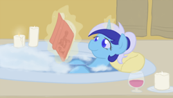 Size: 800x450 | Tagged: safe, artist:atlur, ponerpics import, minuette, alternate hairstyle, bath, book, candle, deleted from derpibooru, pillow, ponytail, wine