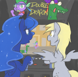 Size: 800x785 | Tagged: safe, artist:atlur, ponerpics import, crackle, derpy hooves, princess luna, spike, alicorn, dragon, pegasus, pony, arcade, deleted from derpibooru, double dragon, female, mare